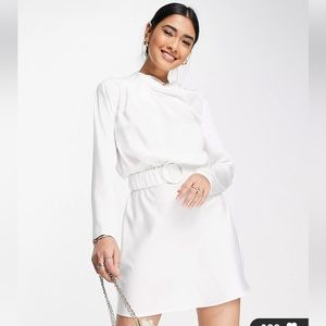 ASOS drape high neck satin long sleeve mini dress with scrunchie belt detail